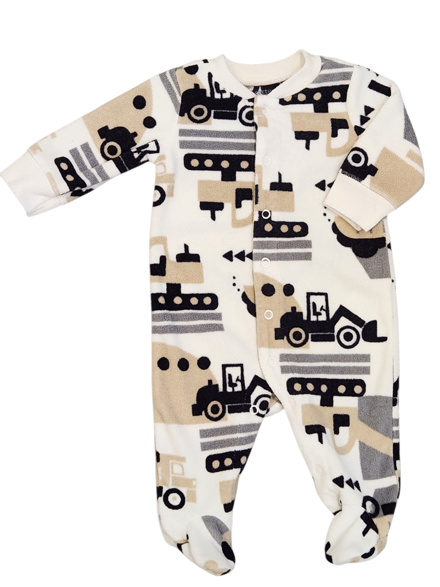 Grenouillère en molleton Seconde Vie - Friperie en ligne RDL pour bébé avec motif de machinerie beige, noir et gris